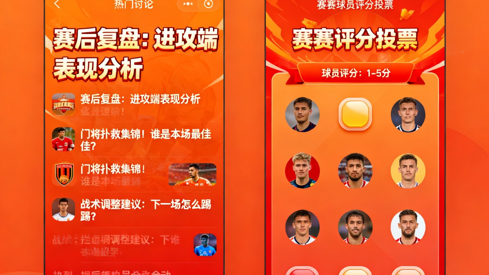 球迷社区讨论区界面，展示热门讨论帖子列表和赛后球员评分投票入口，氛围热烈